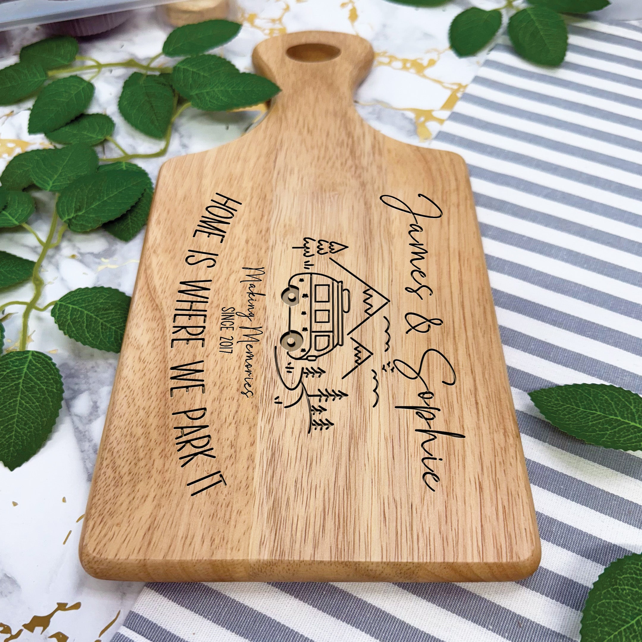 Personalised Engraved Camper Van Wooden Serving Paddle Board