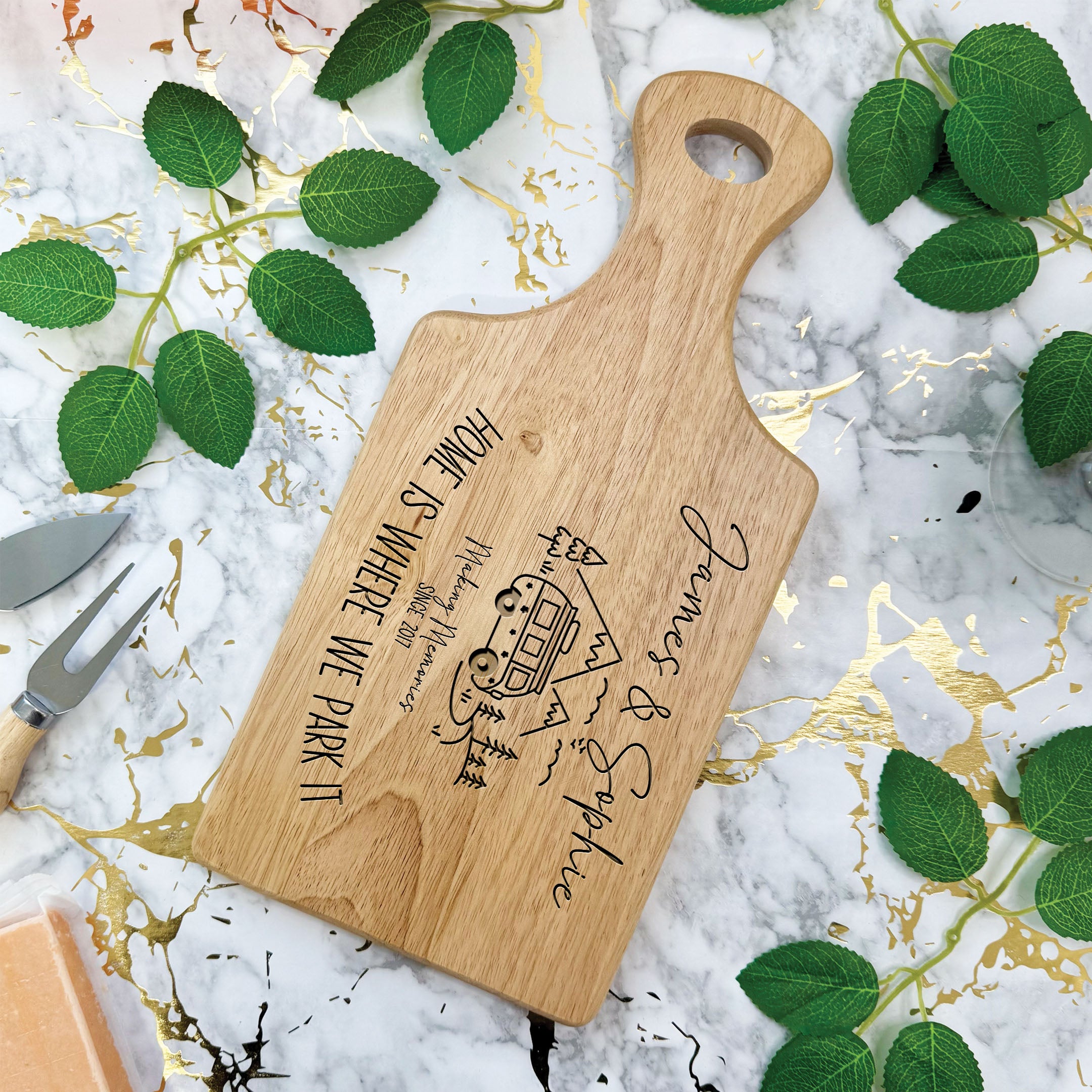 Personalised Engraved Camper Van Wooden Serving Paddle Board